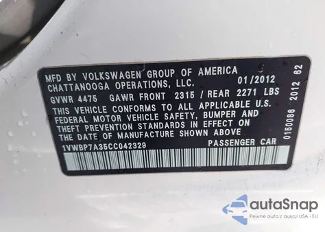 2012 Volkswagen Passat 2.5L Se z USA, uszkodzony, nr VIN 1VWBP7A35CC042329